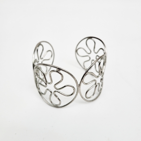 Vintage Retro Flowers Cuff Bracelet Silver Metal Wire - Picture 1 of 7